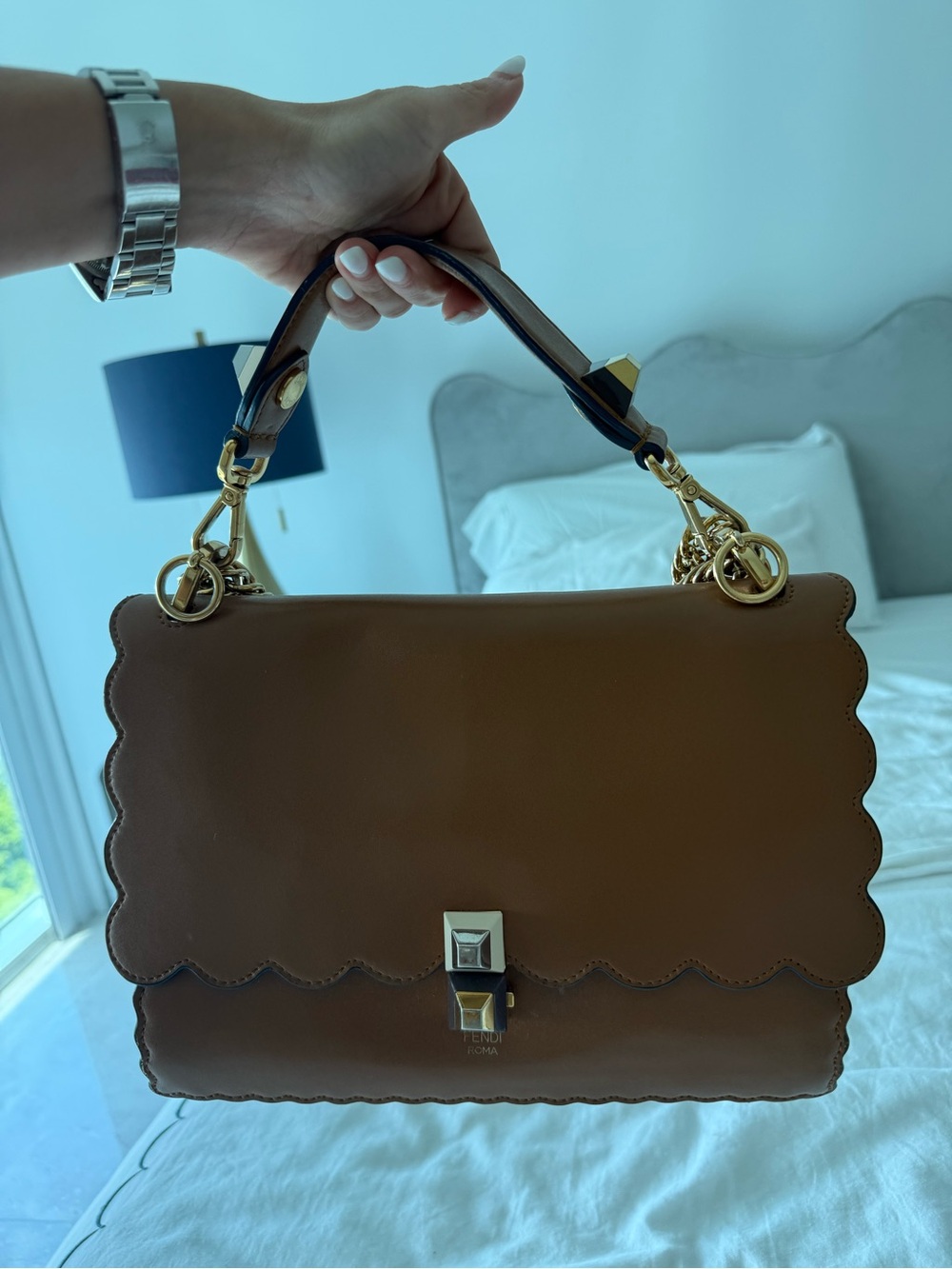 Fendi Brown Scalloped Leather Top-Handle Satchel with Gold Hardware